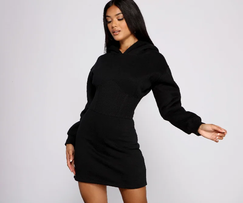 black lace Mimi dresses for eveningKeeping Knit Casual Charming Hoodie Mini Dress