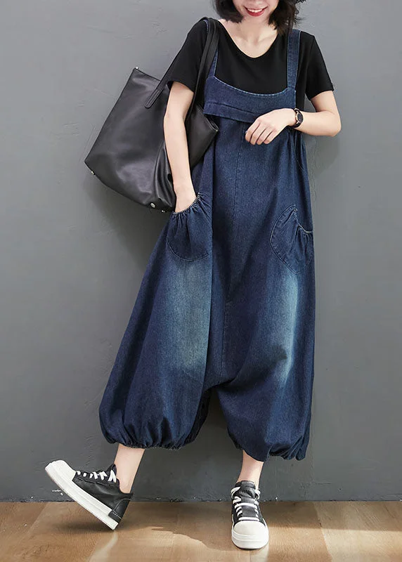 women's jumpsuits for cozy daysStyle Navy Pockets Patchwork Denim Lantern Jumpsuit Summer