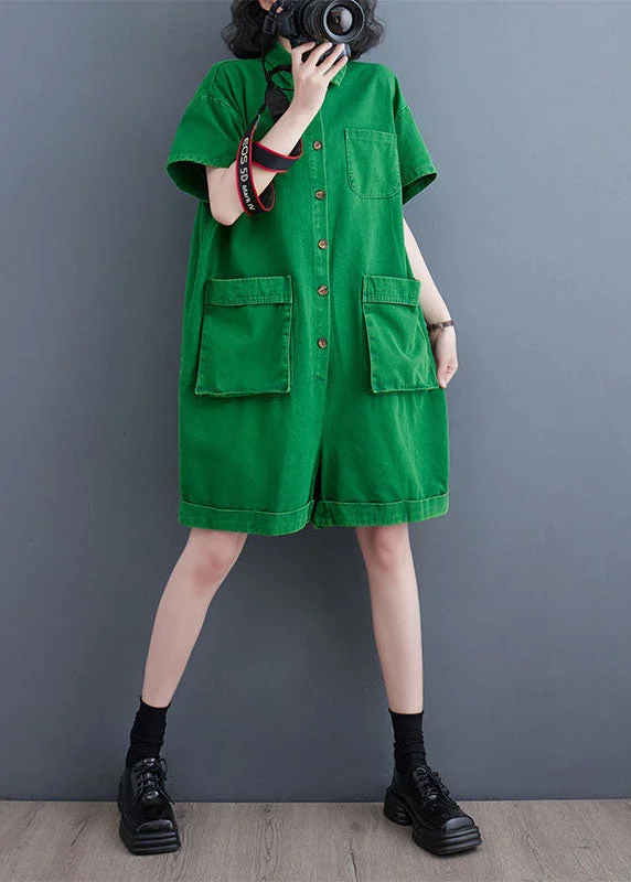 women's jumpsuits for pear-shaped bodiesItalian Green Pockets Patchwork Denim Shorts Jumpsuits Summer