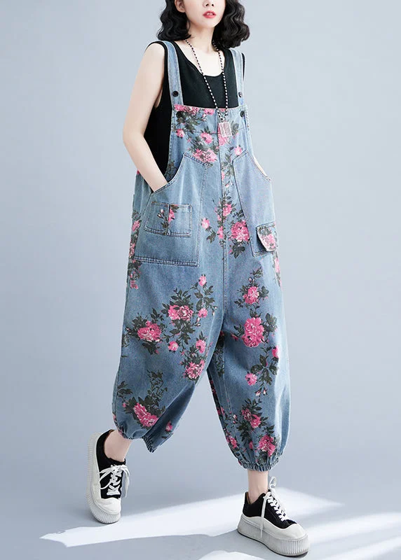 women's jumpsuits for statement fashionBohemian Light Blue Oversized Print Pockets Denim Jumpsuits Summer