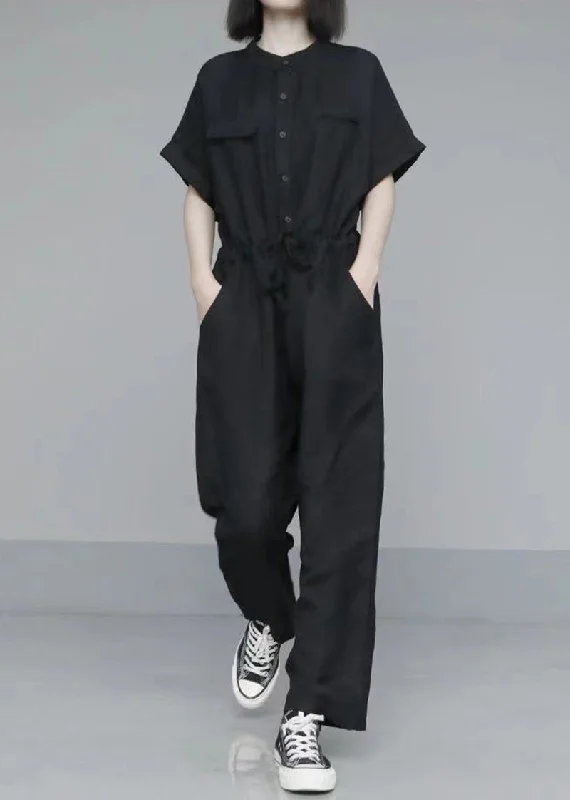 women's jumpsuits for curve-hugging stylesFrench Black Oversized Tie Waist Cotton Overalls Jumpsuit Summer