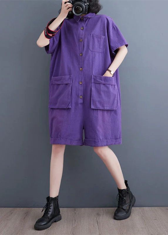 women's jumpsuits for short womenPurple Patchwork Denim Shorts Jumpsuits Peter Pan Collar Summer