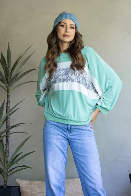 MINT FLORAL PRINT ACCENT LONG SLEEVE TOP-TJ10890