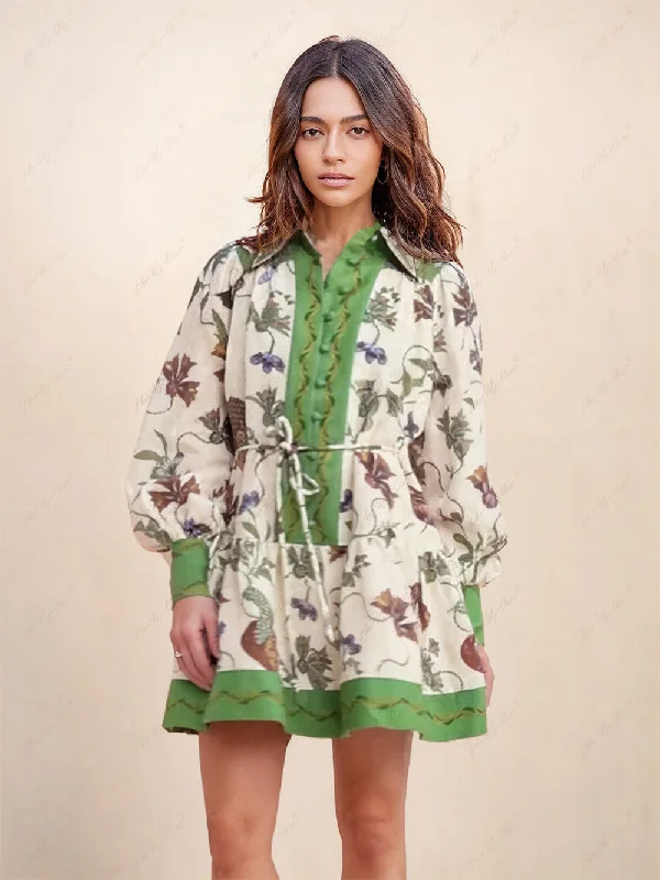 petite Mimi dresses for short womenUnique Print Color Match Graceful Balloon Sleeve Shirt Mini Dress