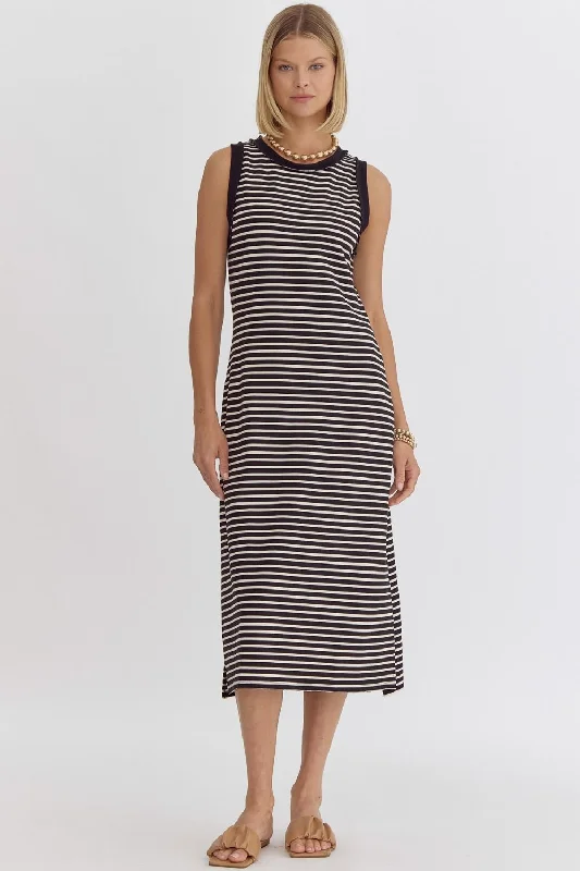 women's fashionable dressesBlack Stripe Ribbed Dress