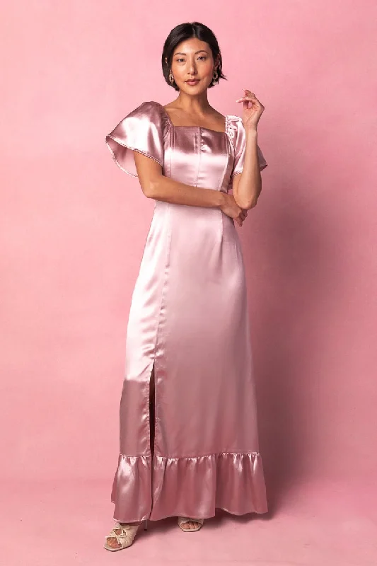 women's long-sleeved dressesMaddie Dress in Blush Satin