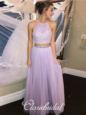 flowy prom dresses2 Pieces Lilac Lace Tulle Prom Dresses, Lovely Long Prom Dresses