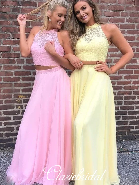 tulle prom dresses2 Pieces Long Prom Dresses, Illusion Top Prom Dresses, Chiffon Long Prom Dresses, 2020 Prom Dresses