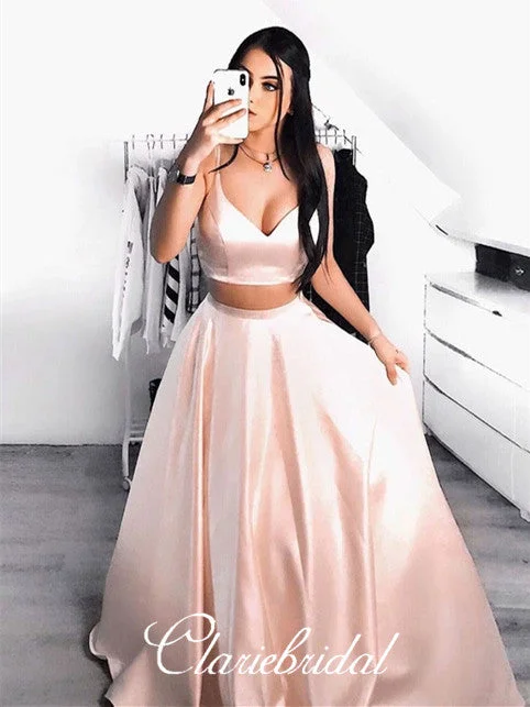 dark prom dresses2 Pieces Pink Satin Prom Dresses, Simple A-line Prom Dresses, 2020 Prom Dresses, Long Prom Dresses