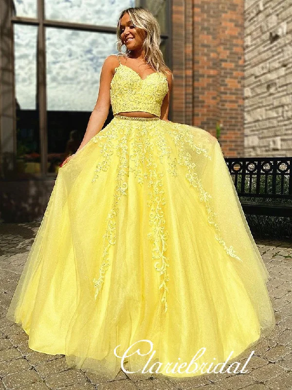 prom dresses for fall2 Pieces Yellow Lace Beaded Prom Dresses, Tulle Prom Dresses, Long Prom Dresses, Cheap Prom Dresses