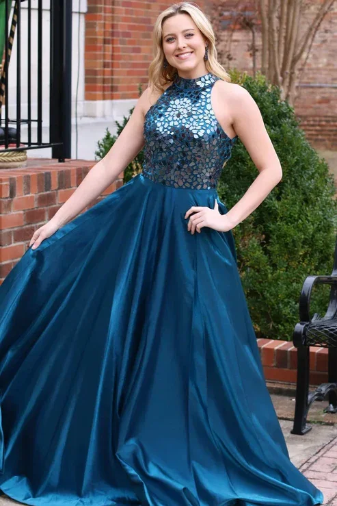 bespoke prom dressesA-Line High Neck Pleated Mirror-Cut Sequins Sleeveless Formal Prom Dress