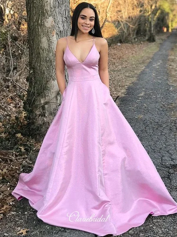 prom dresses for apple shapesA-line Spaghetti Straps Long Prom Dresses, V-neck Prom Dresses, 2020 Prom Dresses