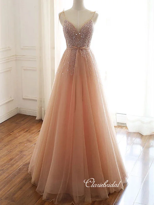 prom dress style guidesA-line Tulle Elegant Prom Dresses, Beaded Long Prom Dresses