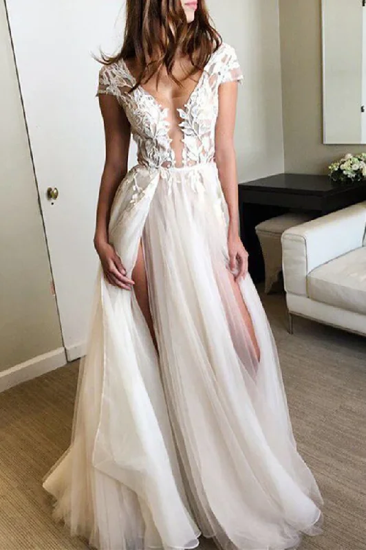 prom dresses for plus-size figuresA-Line V-Neck Empire-Waist Appliques Tulle Long Prom Dress with Slit