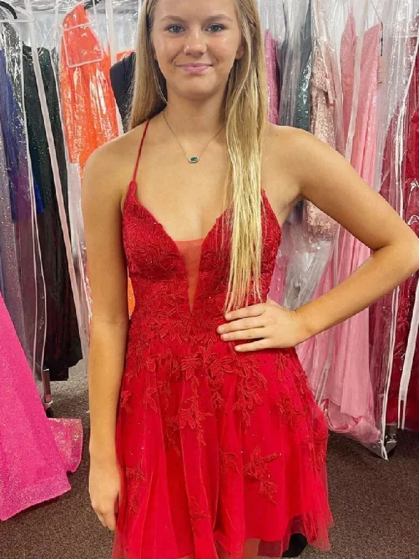 prom dress accessoriesA Line V Neck Red Prom Dresses Lace Homecoming Dresses