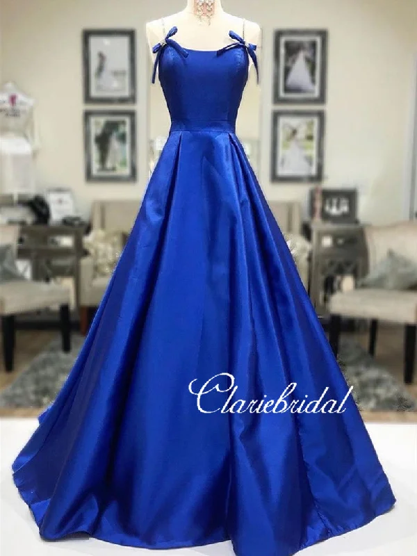 prom dresses with detachable sleevesBeaded Straps Long A-line Royal Blue Satin Prom Dresses, Simple Satin Prom Dresses, Long Prom Dresses