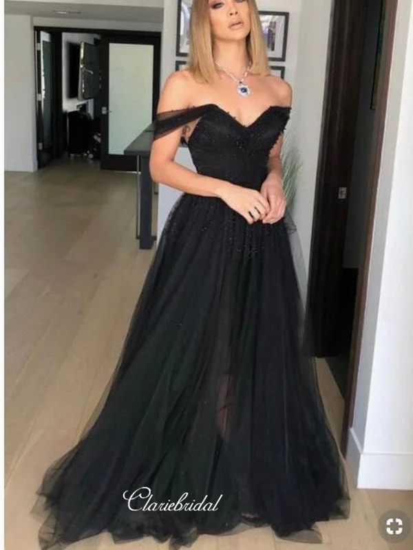 prom dress color trendsBlack Beaded Tulle Prom Dresses, Off Shoulder Long Prom Dresses, Newest Prom Dresses