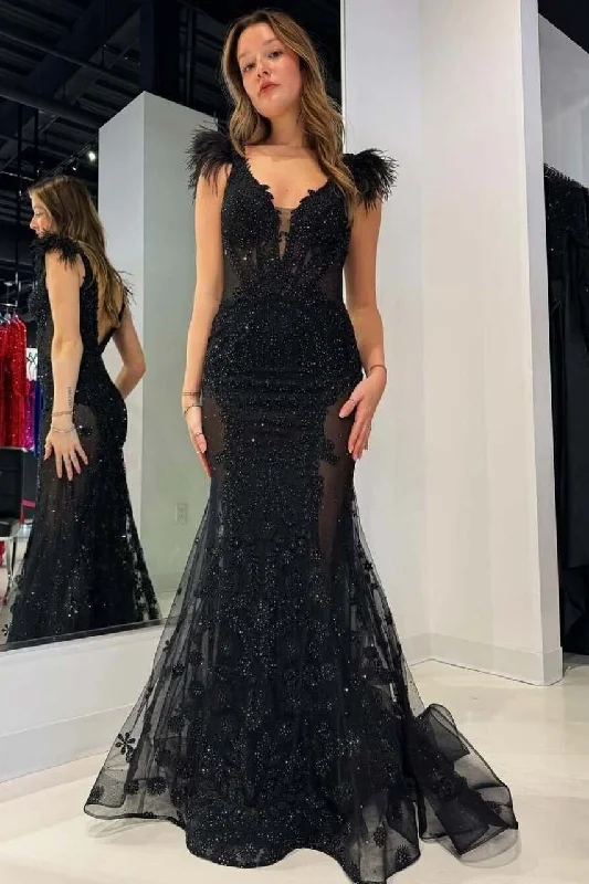 tulle prom dressesBlack Mermaid V-Neck Beads Sleeveless Long Prom Dress with Feathers