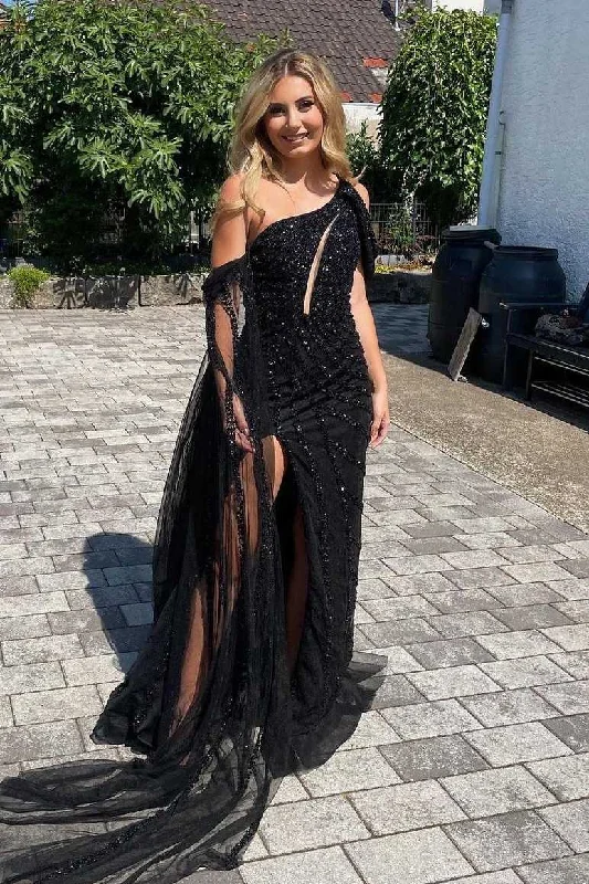 sequined prom dressesBlack One Shoulder Beading High Slit Long Formal Prom Dress