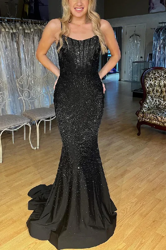 corset prom dressesBlack Spaghetti Straps Beading Mermaid Sleeveless Long Prom Dress