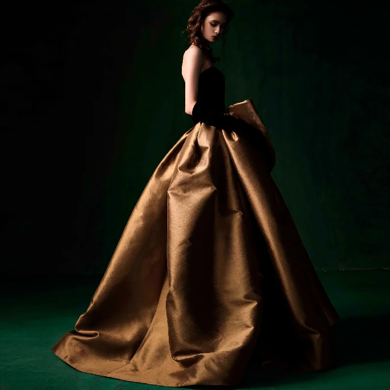 illusion sleeve prom dressesBlack Velvet and Champagne Satin Long Prom Dress Formal Gown