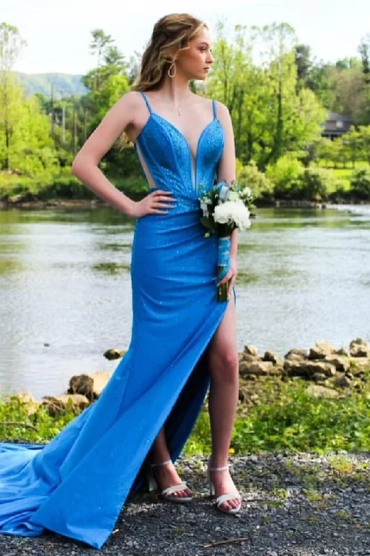 prom dress style guidesBlue Spaghetti Straps V-Neck Rhinestones Mermaid Long Prom Dress with Slit