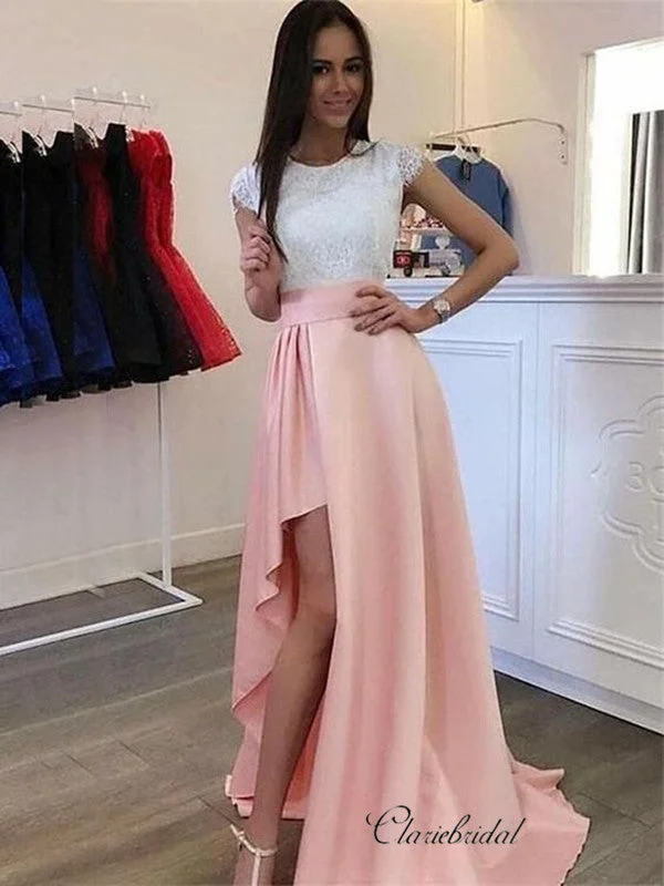 prom dress accessoriesCap Sleeves Lace Top Prom Dresses, High Slit Long Prom Dresses