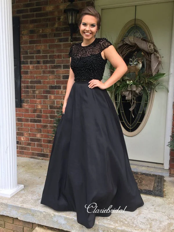 prom dresses for apple shapesCap Sleeves Long Prom Dresses, Beaded A-line Prom Dresses