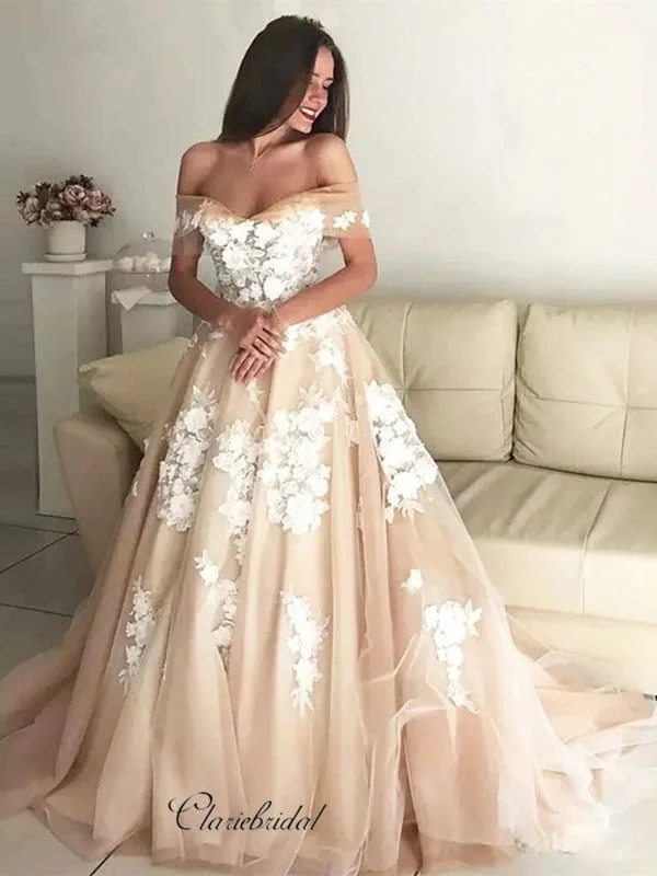 classic prom dressesChampagne Off Shoulder Prom Dresses, A-line Lace Long Prom Dresses, 2020 Prom Dresses