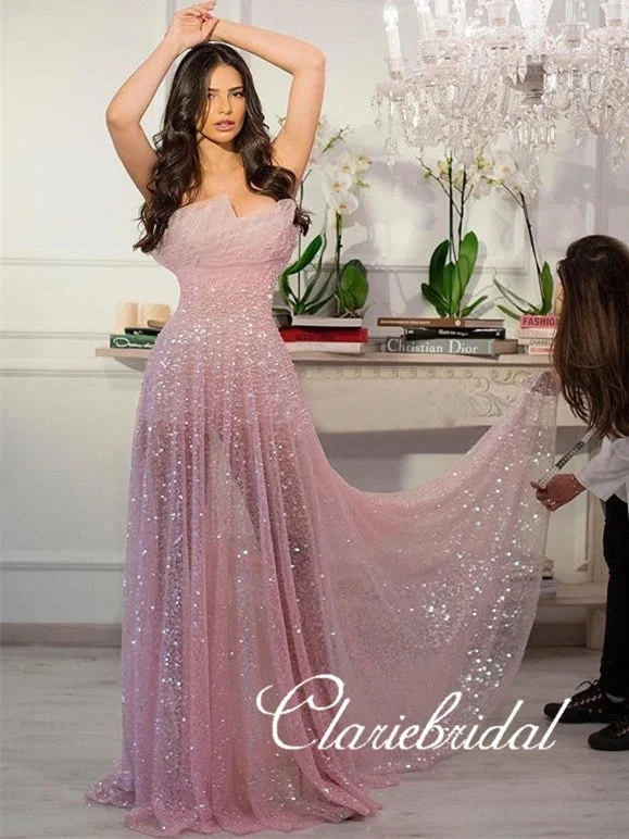 prom dresses with detachable sleevesChic Neckline Deisgn Pink Sequin Prom Dresses, See Through Prom Dresses, Sparkle Prom Dresses