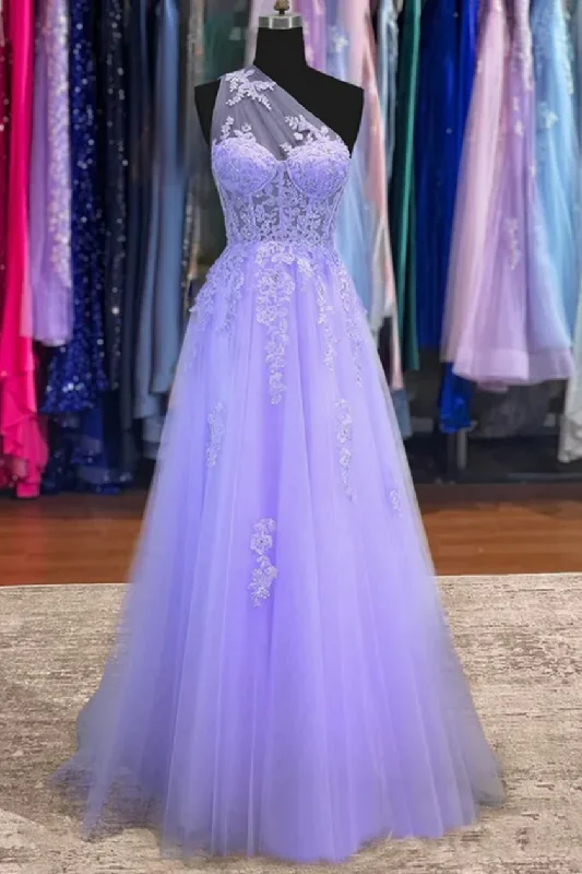 prom dresses with pocketsClassy One Shoulder Lavender Appliques A-Line Tulle Prom Dress