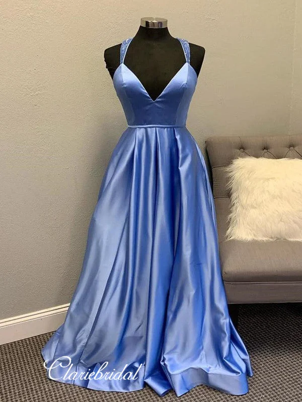 ball gown prom dressesDeep Neckline Satin Prom Gowns, Fashion Unique Beaded A-line Prom Dresses