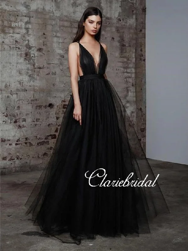 prom dresses with built-in petticoatsDeep V-neck Black Tulle Prom Dresses, Long A-line Prom Dresses, Chic Prom Dresses