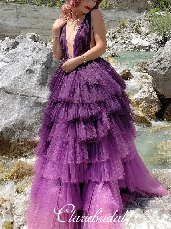 bodycon prom dressesDeep V-neck Gradient Purple Tulle Prom Dresses, Lovely Fluffy Prom Dresses, New 2020 Prom Dresses