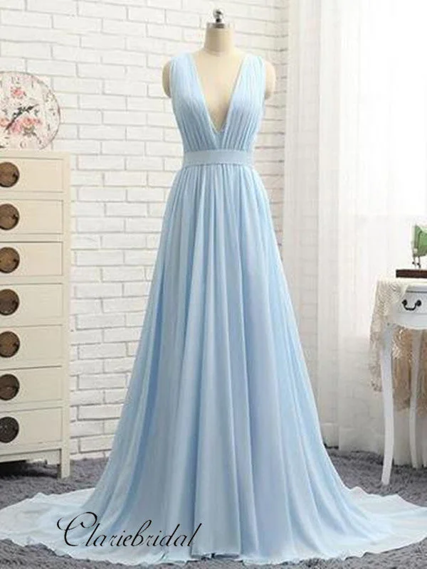 sequined prom dressesDeep V-neck Light Blue Prom Dresses, Cheap A-line Prom Dresses, Long Chiffon Prom Dresses