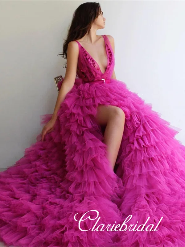 ball gown prom dressesDeep V-neck Long A-line Fluffy Tulle Prom Dresses, Hot Pink Prom Dresses, Hi-low Prom Dresses