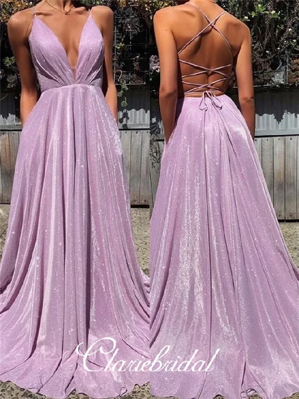 open-back prom dressesDeep V-neck Long A-line Lilac Shemmering Prom Dresses, Long Prom Dresses, Lace Up Prom Dresses