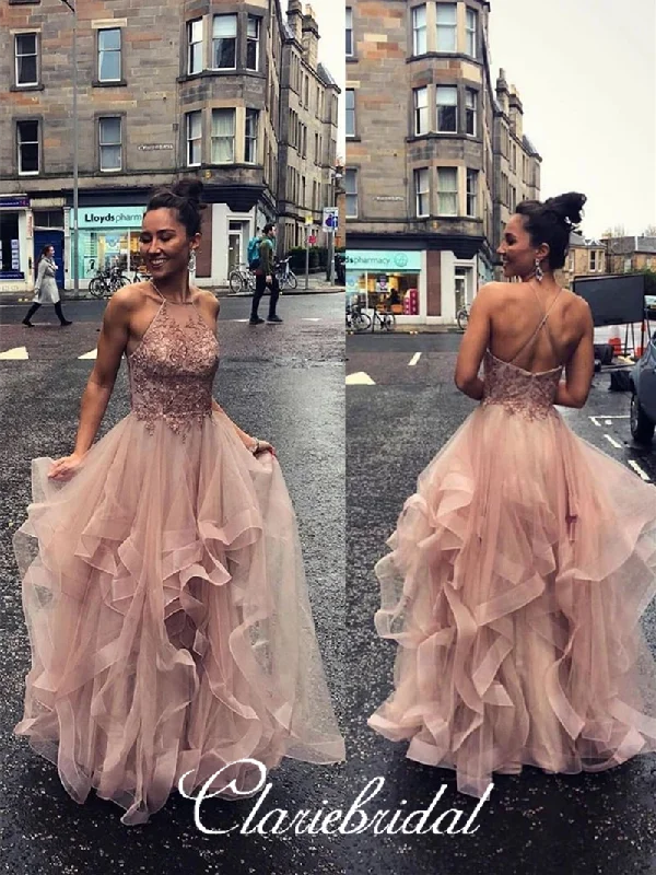 ready-to-wear prom dressesDusty Pink Lace Beaded Long Prom Dresses, Tulle Long Prom Dresses, Lovely 2020 Prom Dresses