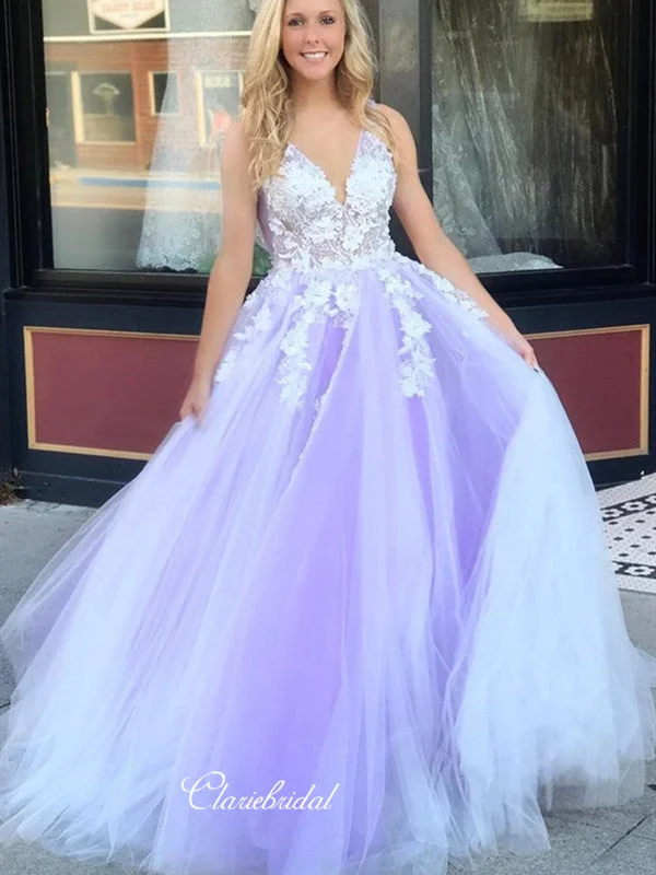 prom dresses with sheer overlaysElegant Appliques Tulle A-line Prom Dresses, Fancy Newest 2020 Prom Dresses