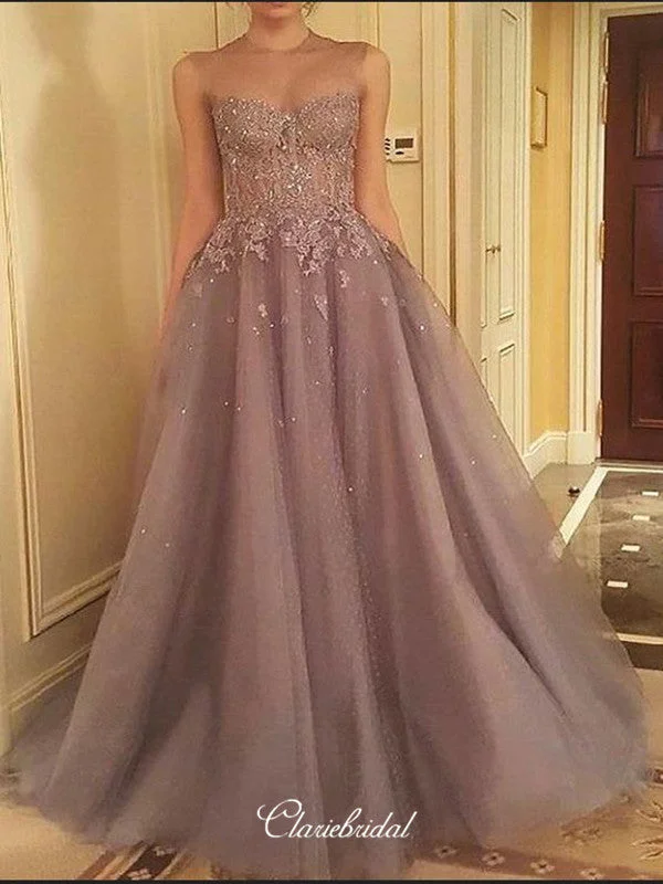 lace prom dressesElegant Lace Long Prom Dresses, Sleeveless Prom Dresses, A-line Prom Dresses