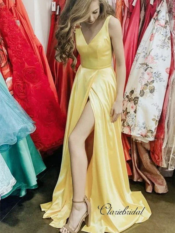 sleeveless prom dressesElegant Long Yellow Prom Gowns, A-line Prom Dresses, High Slit Prom Dresses Long