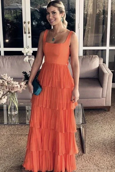 illusion neckline prom dressesElegant Straps Square Layered Sleeveless Long Prom Formal Dress