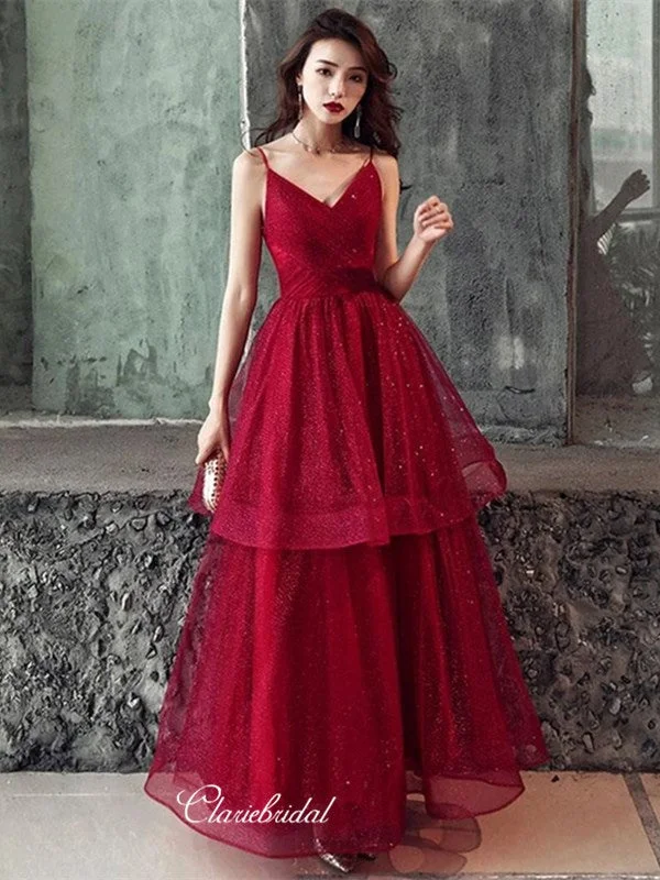 halter neck prom dressesGlitter A-line 2020 Long Prom Dresses, Burgundy V-neck Newest Prom Dresses