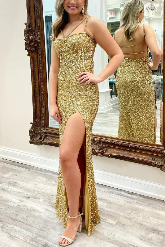 prom dresses for tall girlsGold Sparkly Sequined Mermaid Sleeveless Long Prom Dress with Slit