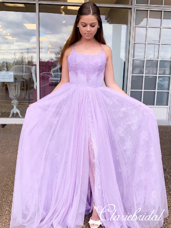 bespoke prom dressesGorgeous Lilac Lace Tulle Prom Dresses, Beaded Long Prom Dresses, Side Slit Long Prom Dresses