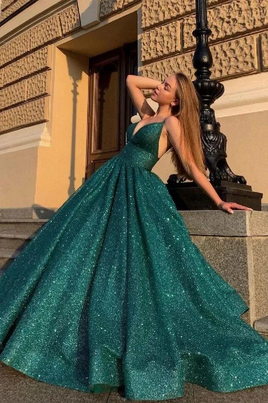 prom dresses for hourglass figuresGreen A-Line V-Neck Glitter Spaghetti Straps Formal Prom Dress