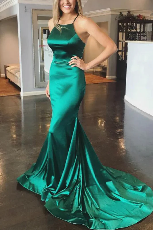 prom dresses with beaded accentsGreen Mermaid Spaghetti Straps Satin Long Formal Prom Dress with Train