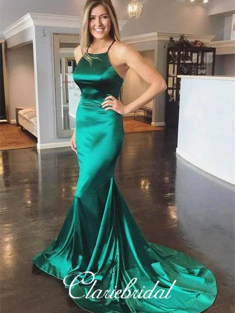 bodycon prom dressesGreen Soft Satin Mermaid Prom Dresses, Cross Back Prom Dresses, Long Prom Dresses