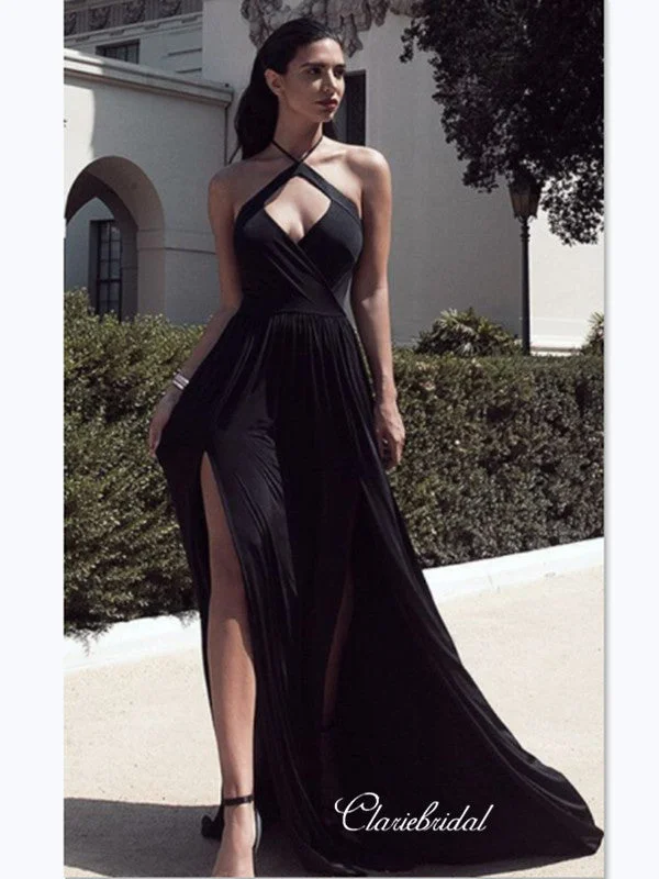 prom dresses with sequin detailingHalter Black Prom Dresses Long, Sexy High Slit Prom Dresses