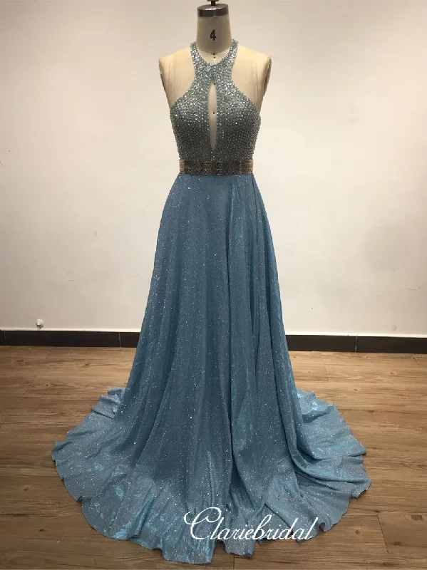 off-shoulder prom dressesHalter Long A-line Beaded Shemmering Fabric Prom Dresses, Open Back Prom Dresses, Prom Dresses